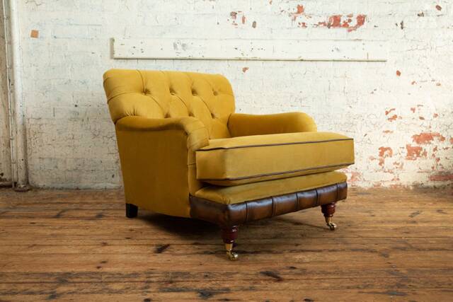 British Handmade Mustard Velvet Chesterfield Armchair With Antique Tan Leather - image 1
