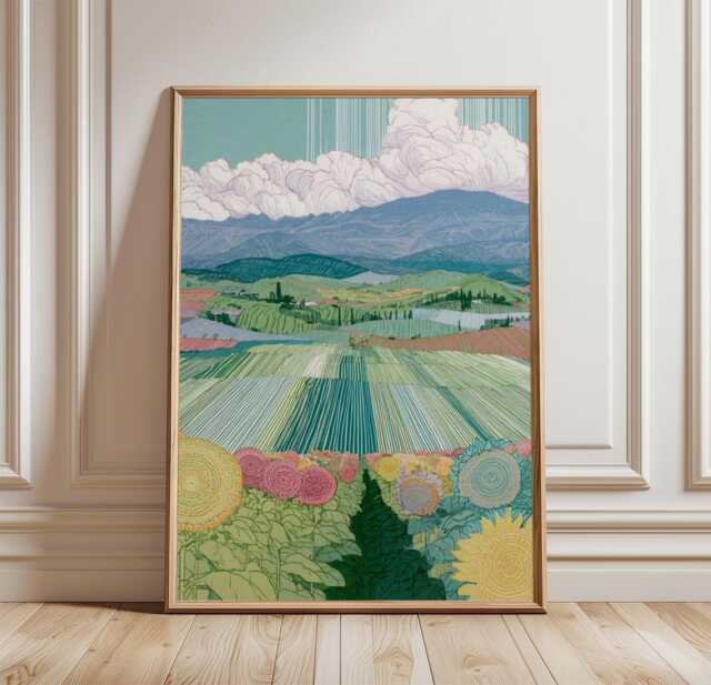 Sunflower Field Poster, Mountain Landscape Print, Nature Wall Art - image 1