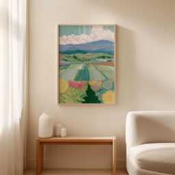 Sunflower Field Poster, Mountain Landscape Print, Nature Wall Art - thumbnail 3