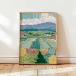 Sunflower Field Poster, Mountain Landscape Print, Nature Wall Art - thumbnail 4