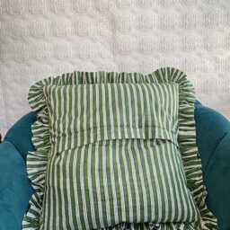 Quilted Kantha Stitch Cushion Pure Soft Cotton Cover - Gardenia Floral Home Decor Interiors Bed Bedroom Living Green White Stripe - thumbnail 4