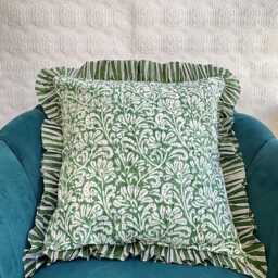 Quilted Kantha Stitch Cushion Pure Soft Cotton Cover - Gardenia Floral Home Decor Interiors Bed Bedroom Living Green White Stripe - thumbnail 3