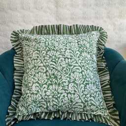 Quilted Kantha Stitch Cushion Pure Soft Cotton Cover - Gardenia Floral Home Decor Interiors Bed Bedroom Living Green White Stripe - thumbnail 2