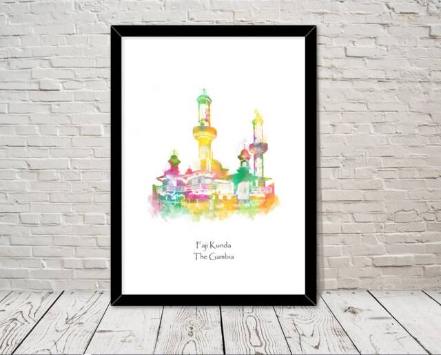 Faji Kunda Mosque Gambia Islamic Art Watercolour Illustration Prints Islamic Wall Gifts Muslim Islam