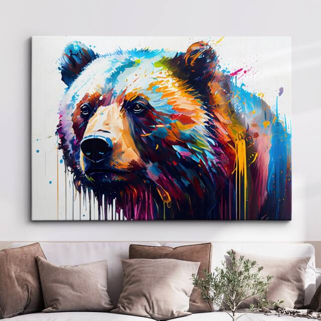 Grizzly Bear Animal Abstract Modern Painting Splatter Wall Art, Framed Canvas Poster Print, Home Kitchen Office Room Decor, Kids Gifts - image 1