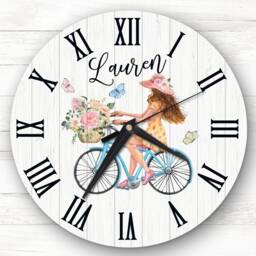 Wood Effect Woman Bicycle Floral Basket Personalised Gift Clock