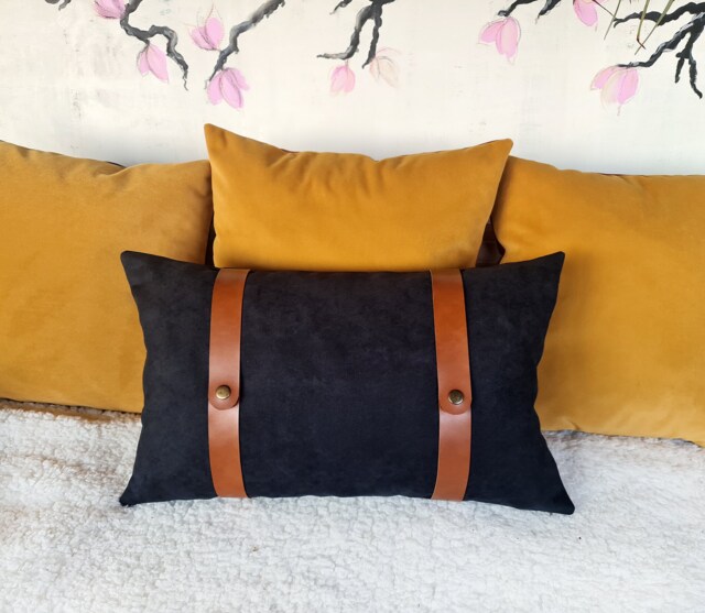 Black Faux Suede Pillow Cover With Cognac Leather Straps - image 1