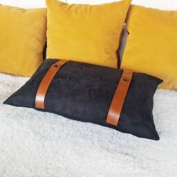 Black Faux Suede Pillow Cover With Cognac Leather Straps - thumbnail 3