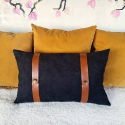 Black Faux Suede Pillow Cover With Cognac Leather Straps - thumbnail 2
