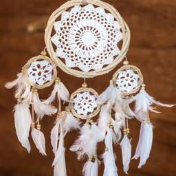 Crochet Dream Catcher Wall Hanging, Boho Dreamcatcher, White Bamboo, Bohemian Home Decor, Nursery Mobile Doily - thumbnail 2