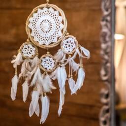 Crochet Dream Catcher Wall Hanging, Boho Dreamcatcher, White Bamboo, Bohemian Home Decor, Nursery Mobile Doily - thumbnail 3