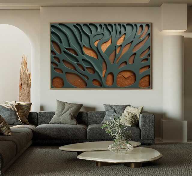 Minimalist Hand-Carved Wood Wall Art, Large Green & Brown Abstract Texture Relief Sculpture - image 1