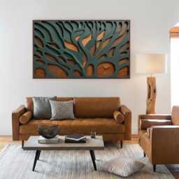 Minimalist Hand-Carved Wood Wall Art, Large Green & Brown Abstract Texture Relief Sculpture - thumbnail 3