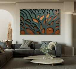 Minimalist Hand-Carved Wood Wall Art, Large Green & Brown Abstract Texture Relief Sculpture - thumbnail 1