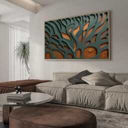 Minimalist Hand-Carved Wood Wall Art, Large Green & Brown Abstract Texture Relief Sculpture - thumbnail 2
