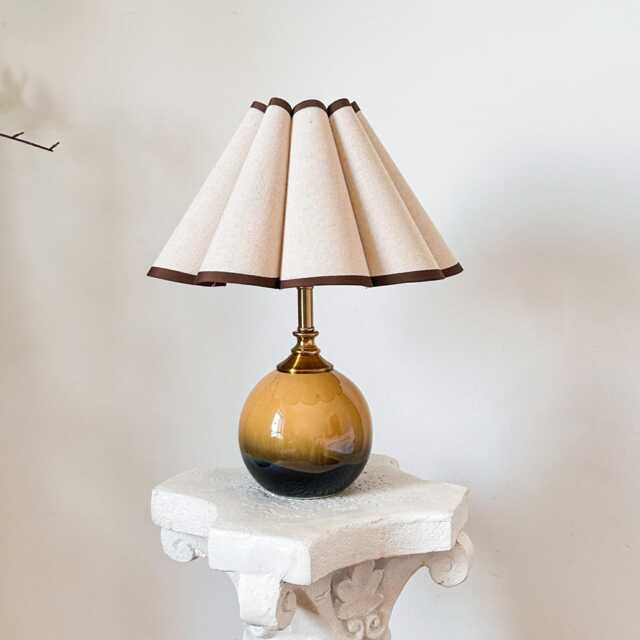 Handmade Brown Ceramic Small Tall Table Lamp 110-250V Pleated Scallop Linen Trim Petal Shade Bedroom Kitchen Living Room Neutral Decor - image 1