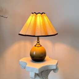 Handmade Brown Ceramic Small Tall Table Lamp 110-250V Pleated Scallop Linen Trim Petal Shade Bedroom Kitchen Living Room Neutral Decor - thumbnail 3