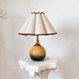 Handmade Brown Ceramic Small Tall Table Lamp 110-250V Pleated Scallop Linen Trim Petal Shade Bedroom Kitchen Living Room Neutral Decor - thumbnail 1