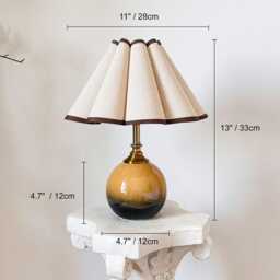 Handmade Brown Ceramic Small Tall Table Lamp 110-250V Pleated Scallop Linen Trim Petal Shade Bedroom Kitchen Living Room Neutral Decor - thumbnail 2