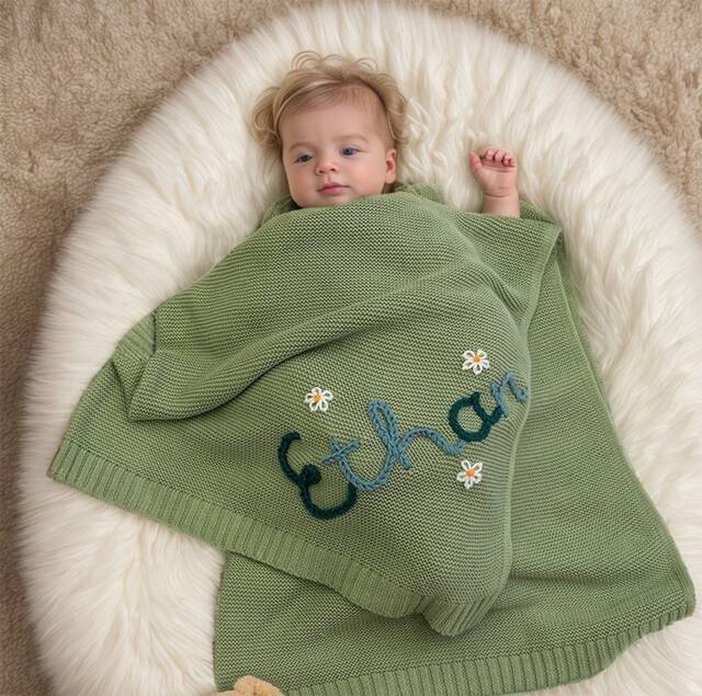 Custom Baby Name Blanket, Personalized Hand Embroidered Blanket, Newborn Swaddle, Custom Knit Blanket For Baby, Baby Shower Gift - image 1