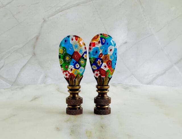 Millefiori Glass Lamp Finials On Bronze Hardware - A Matching Pair Colorful Rainbow Flowered Venetian Style - image 1