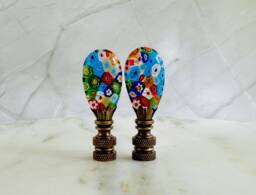 Millefiori Glass Lamp Finials On Bronze Hardware - A Matching Pair Colorful Rainbow Flowered Venetian Style - thumbnail 1