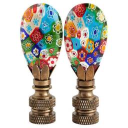 Millefiori Glass Lamp Finials On Bronze Hardware - A Matching Pair Colorful Rainbow Flowered Venetian Style - thumbnail 2
