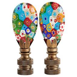 Millefiori Glass Lamp Finials On Bronze Hardware - A Matching Pair Colorful Rainbow Flowered Venetian Style - thumbnail 3