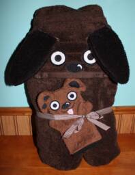 Child Size Puppy Cotton Hooded Bath Towel For Kids & Babies Dark Brown With Black Ears - Personalization Available