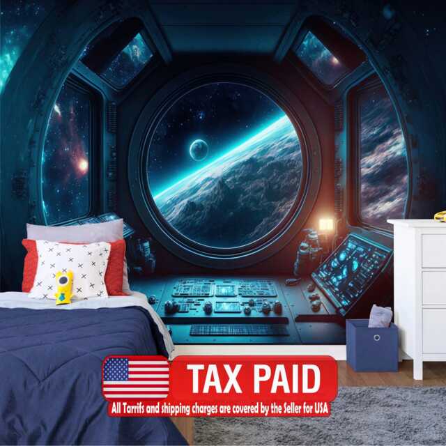Spaceship Window Wall Mural, Stars Astronomy Kids Room, Peel & Stick Wallpaper - image 1