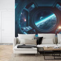 Spaceship Window Wall Mural, Stars Astronomy Kids Room, Peel & Stick Wallpaper - thumbnail 3