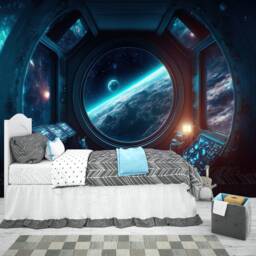 Spaceship Window Wall Mural, Stars Astronomy Kids Room, Peel & Stick Wallpaper - thumbnail 2