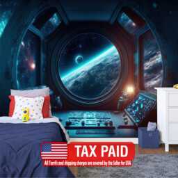 Spaceship Window Wall Mural, Stars Astronomy Kids Room, Peel & Stick Wallpaper - thumbnail 1