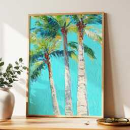 Turquoise Palm Trio - Bright Tropical Tree Painting On Aqua Blue, Colorful Coastal Beach House Wall Art - thumbnail 2
