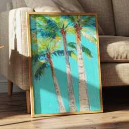 Turquoise Palm Trio - Bright Tropical Tree Painting On Aqua Blue, Colorful Coastal Beach House Wall Art - thumbnail 1