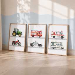 Kids Vehicle Posters - Set Of 3 Transport Nursery Wall Art, Boys Bedroom Decor Prints