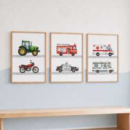 Kids Vehicle Posters - Set Of 3 Transport Nursery Wall Art, Boys Bedroom Decor Prints - thumbnail 3