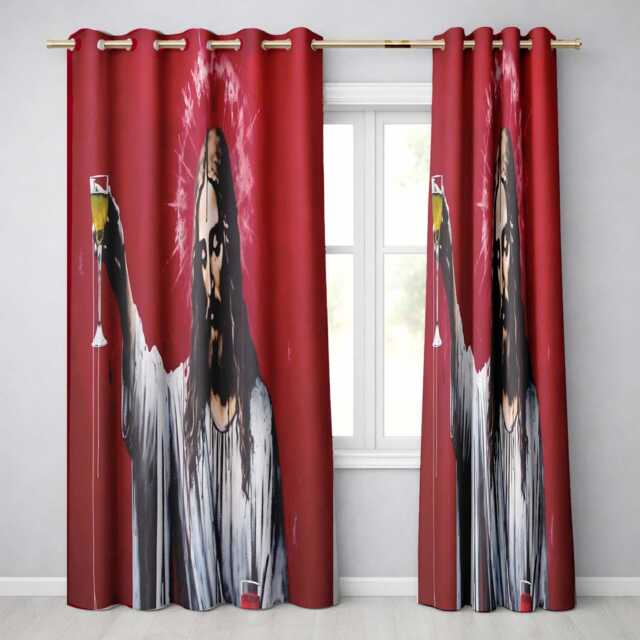 Jesus Holding Wine Glass Contemporary Graffiti Timeless Artwork For Bedroom Decor Readymade Eyelet Ring Top Thermal 100% Blackout Curtains - image 1