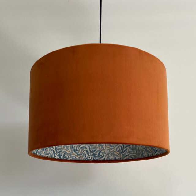Burnt Orange Velvet Drum Lampshade, Double Sided Lampshade With William Morris Blue Willow Cotton Interior, Ceiling Light Shade - image 1