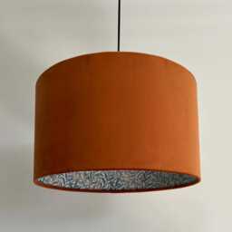 Burnt Orange Velvet Drum Lampshade, Double Sided Lampshade With William Morris Blue Willow Cotton Interior, Ceiling Light Shade