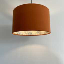 Burnt Orange Velvet Drum Lampshade, Double Sided Lampshade With William Morris Blue Willow Cotton Interior, Ceiling Light Shade - thumbnail 2