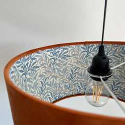 Burnt Orange Velvet Drum Lampshade, Double Sided Lampshade With William Morris Blue Willow Cotton Interior, Ceiling Light Shade - thumbnail 3