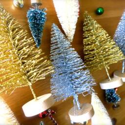 Shimmery Gold, Silver Bottle Brush Christmas Tree-6 Inch Glitter Mini Holiday Tree-Retro Mid Century Modern Trees-Vintage Style - thumbnail 2