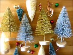Shimmery Gold, Silver Bottle Brush Christmas Tree-6 Inch Glitter Mini Holiday Tree-Retro Mid Century Modern Trees-Vintage Style