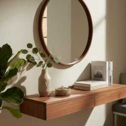 Round Oak Wood Wall Mirror, Modern Hallway & Bathroom Mirror - thumbnail 2