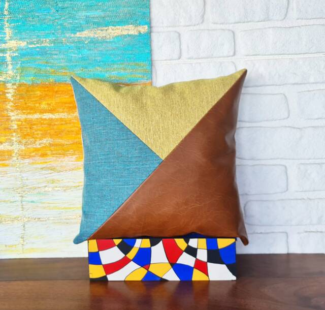 Color Block Pillow Cover Lemon Yellow, Turquoise, Cognac Faux Leather - 16x16'' - image 1
