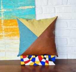 Color Block Pillow Cover Lemon Yellow, Turquoise, Cognac Faux Leather - 16x16'' - thumbnail 1