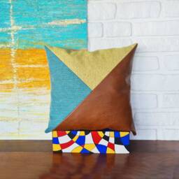 Color Block Pillow Cover Lemon Yellow, Turquoise, Cognac Faux Leather - 16x16'' - thumbnail 2
