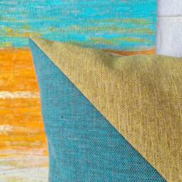 Color Block Pillow Cover Lemon Yellow, Turquoise, Cognac Faux Leather - 16x16'' - thumbnail 3
