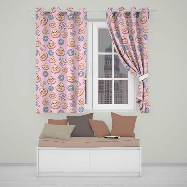 Kawaii Chick Sitting On Donut With Flowers Seamless Pattern Blush Background Readymade Eyelet Ring Top Thermal 100% Blackout Curtains - image 1